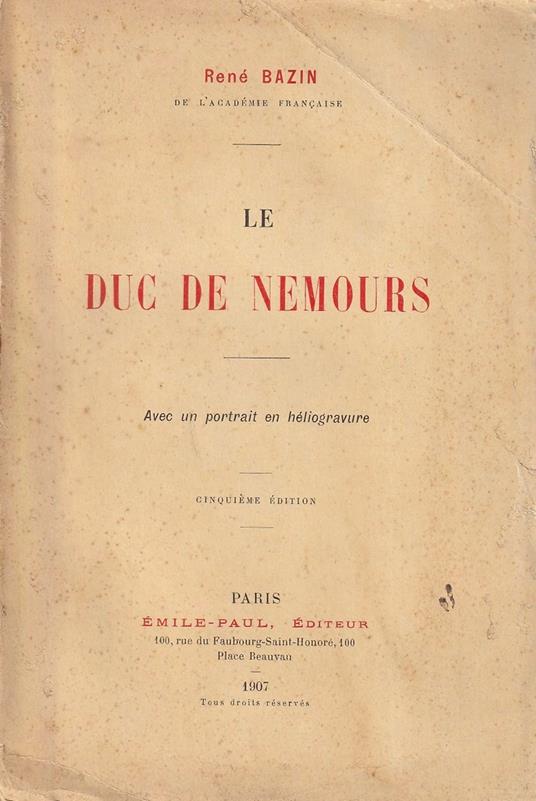 Le Duc de Nemours - René Bazin - copertina