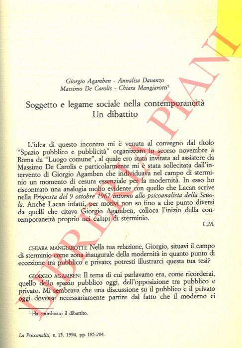 Soggetto e legame sociale nella contemporaneità. Un dibattito - Giorgio Agamben - copertina