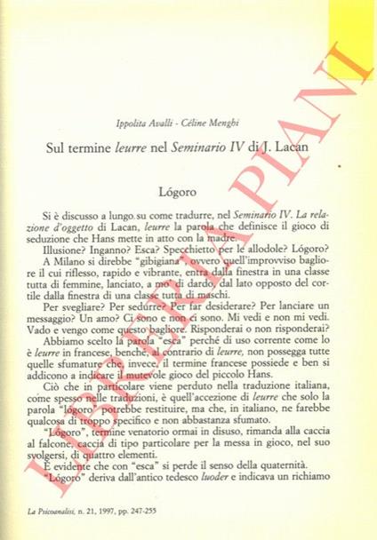 Sul termine leurre nel Seminario IV di Jacques Lacan - Ippolita Avalli - copertina