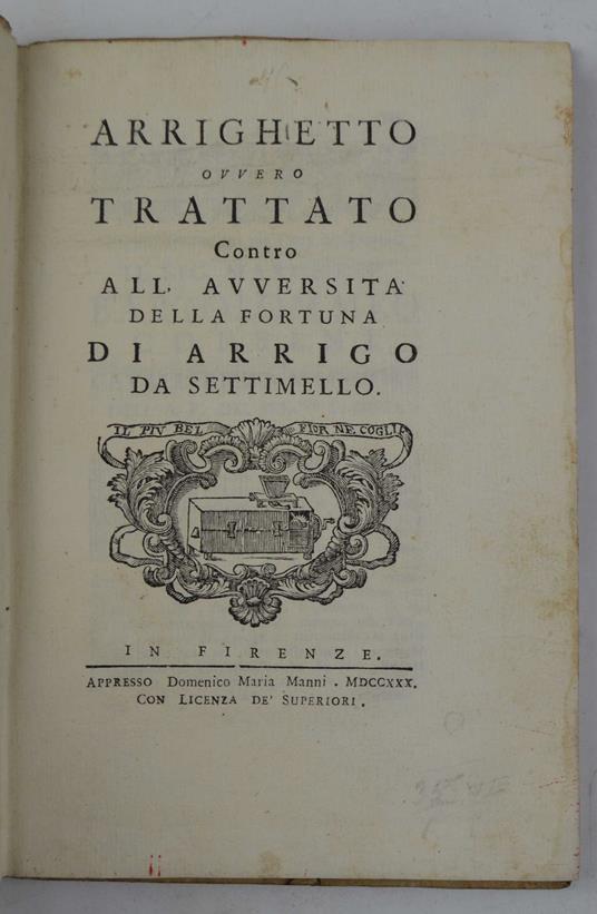 Arrighetto ovvero Trattato Contro all'Avversità della Fortuna.. - Arrigo da Settimello - copertina