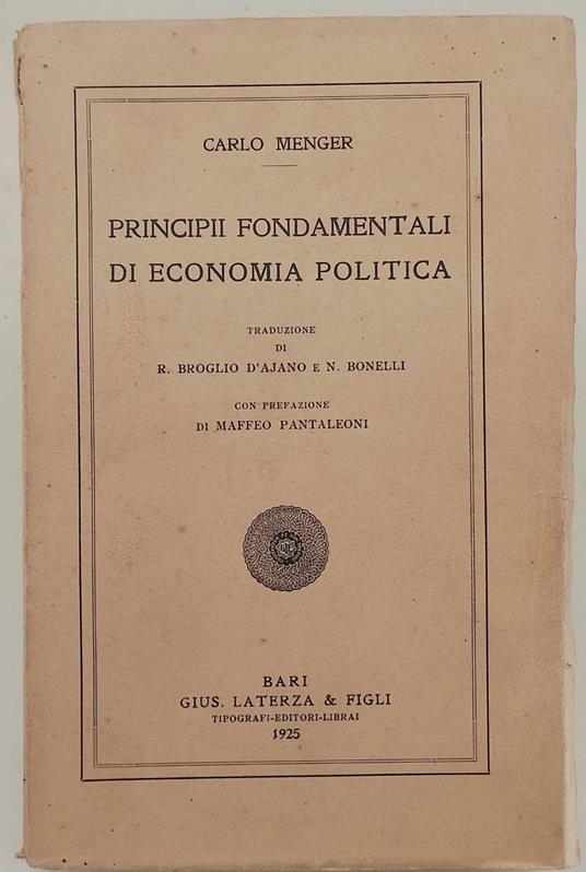 Principi Fondamentali Di Economia Politica( 1925) - Carl Menger - copertina