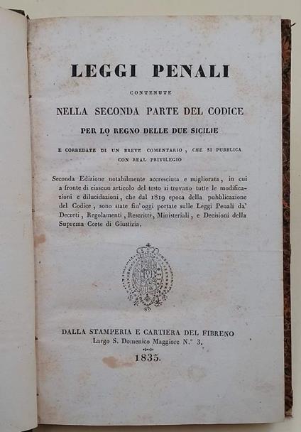 Leggi Penali Contenute Nella Seconda Parte Del Codice Per Lo Regno Delle Due Sicilie(1835) - copertina