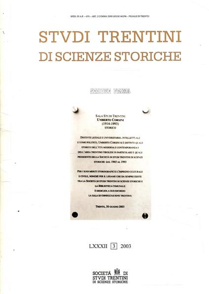 Studi Trentini Di Scienze Storiche - Sezione Prima - Lxxxii/2003 - copertina