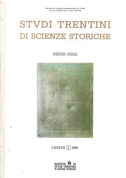 Studi Trentini Di Scienze Storiche - Sezione Prima - Lxxxvii/2008 - copertina