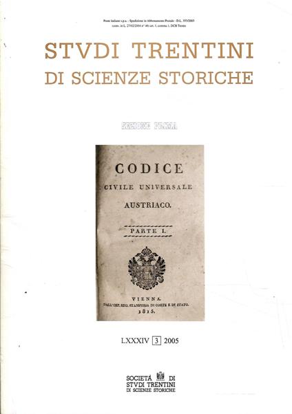 Studi Trentini Di Scienze Storiche - Sezione Prima Lxxxiv/2005 - copertina