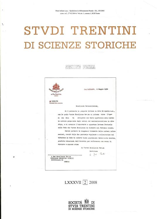 Studi Trentini Di Scienze Storiche - Sezione Prima Lxxxvii/2008 - copertina