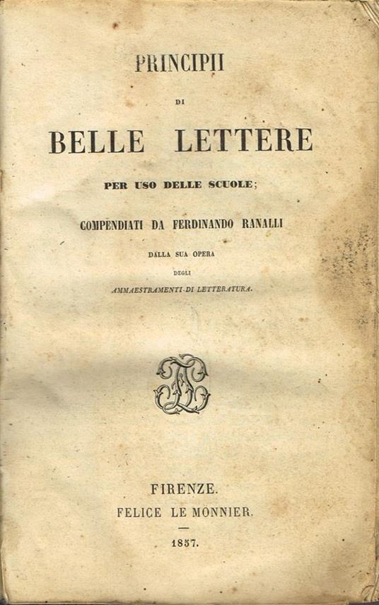 Principii di Belle Lettere - Ferdinando Ranalli - copertina