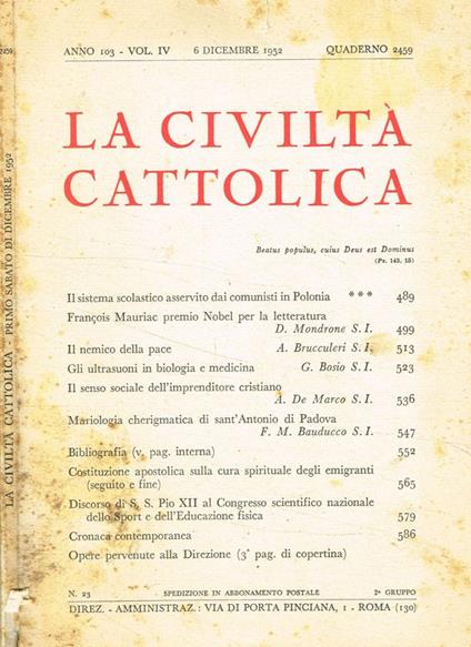 La civiltà cattolica. 6 dicembre 1952, quaderno 2459 - copertina