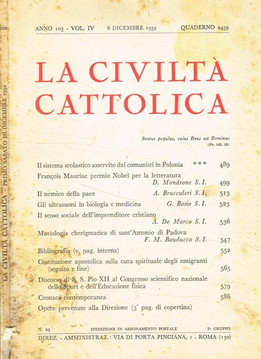 La civiltà cattolica. 6 dicembre 1952, quaderno 2459 - copertina