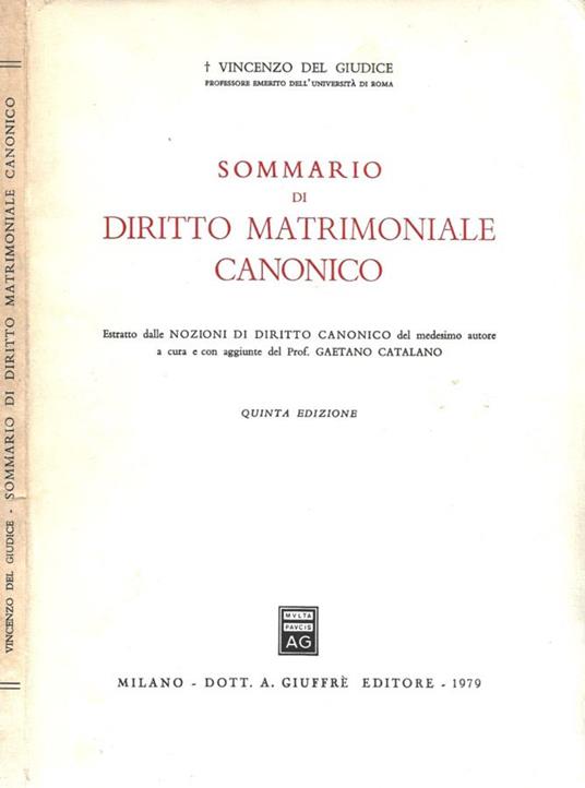 Sommario di diritto matrimoniale canonico - Vincenzo Del Giudice - copertina