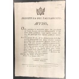 Avviso. Prefettura del Tagliamento. Per sostenere le spese del Regio Tesoro è necessario far entrare nelle Casse le somme giudicate necessarie - copertina