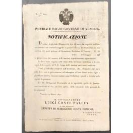 Notificazione. Imperiale Regio Governo di Venezia. La leva obbligatoria in Marina, nell'anno 1842, si attesta a 200 soldati. Tutti coloro che diserteranno verranno puniti - copertina