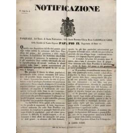 Notificazione. Papa Pio IX in vista della mancanza di grano e granturco e delle rispettive farine in alcuni territori dello Stato Pontificio, ammette l'introduzione di grano estero esente da dazi - copertina