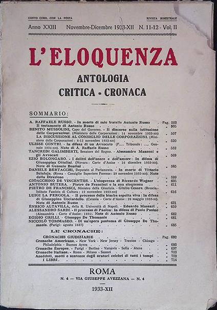 L' Eloquenza. Antologia critica-cronaca. Anno XIII, novembre-dicembre 1933-XII, n. 11-12-Vol.II - copertina