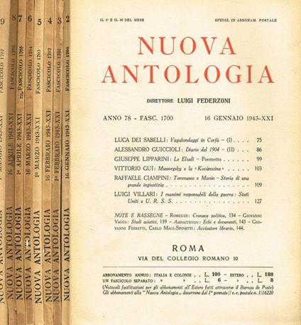 Nuova antologia. Anno 78, 1943, fasc.2, 3, 4, 5, 6, 7, 8, 9 - Luigi Federzoni - copertina