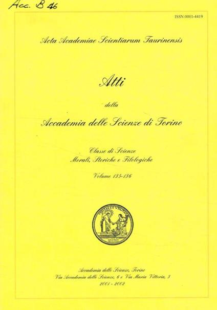 Atti della Accademia delle Scienze di Torino. Classe di scienze morali, storiche e filologiche. Volume 135-136 - copertina