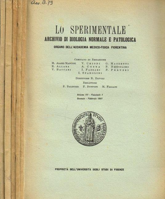 Lo Sperimentale. Archivio di biologia normale e patologica. Vol.111, 1961 - copertina