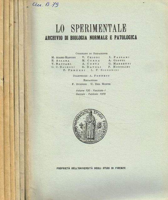 Lo Sperimentale. Archivio di biologia normale e patologica. Vol.120, 1970 - copertina