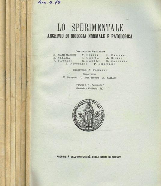 Lo Sperimentale. Archivio di biologia normale e patologica. Vol.117, 1967 - copertina