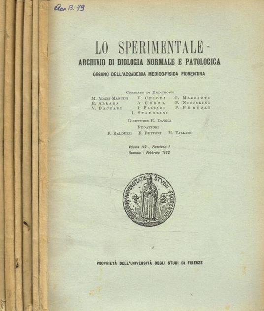 Lo Sperimentale. Archivio di biologia normale e patologica. Vol.112, 1962 - copertina