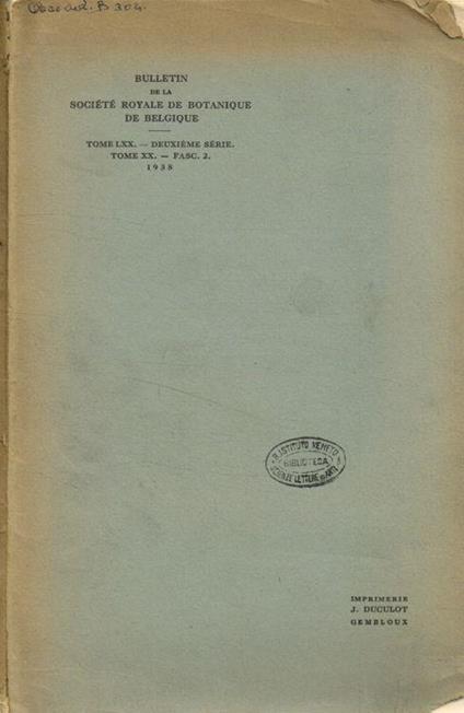 Bulletin de la Société Royale de Botanique de Belgique. Tome LXX deuxieme serie, tome XX-fasc.2, 1938 - copertina
