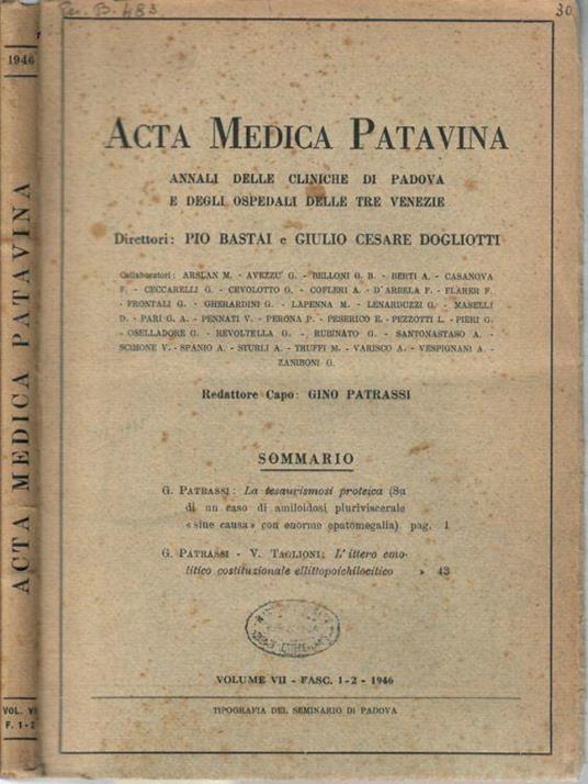 Acta Medica Patavina 1946 vol. VII- Fasc. 1-2 - copertina