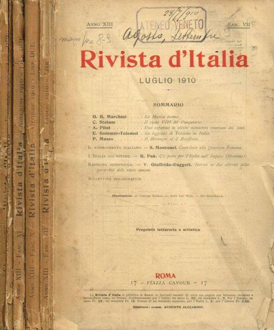 Rivista d'Italia. Lettere, scienza ed arti. Anno XIII, 1910, fasc.VII X XI XII - copertina