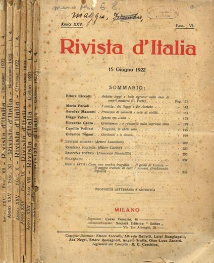 Rivista d'Italia. Lettere, scienza ed arti. Anno XXV, 1922, fasc.VI VII IX X XI XII - copertina