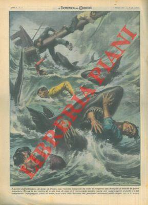 Al largo di Fiume una barca da pesca, presa da un vortice di vento, si rovesciava e sei componenti dell'equipaggio, finiti in mare, sono stati tutti divorati dai pescicani infestanti quelle acque - Walter Molino - copertina