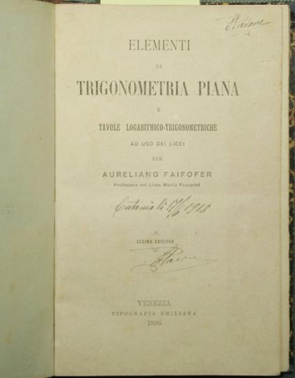Elementi di trigonometria piana e tavole logaritmico-trigonometriche - copertina