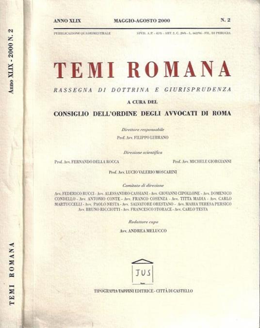 Temi Romana. Rassegna di Dottrina e Giurisprudenza, anno XLIX, maggio - agosto 2000, n. 2 - copertina