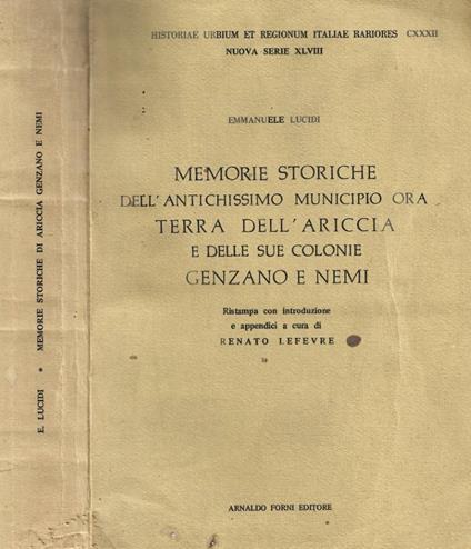 Memorie storiche dell'antichissimo municipio ora terra dell'Ariccia e delle sue colonie Genzano e Nemi - copertina