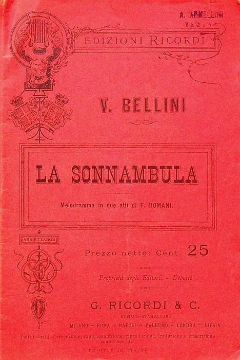 sonnambula: melodramma in due atti - Vincenzo Bellini - copertina