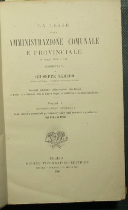 legge sulla amministrazione comunale e provinciale - Giuseppe Saredo - copertina