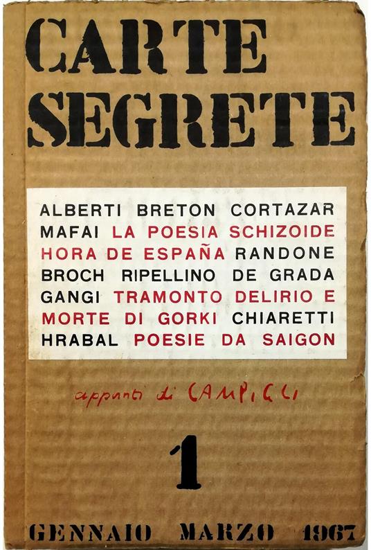 Carte Segrete Rivista trimestrale di lettere e arti Anno I Gennaio-Marzo 1967 n. 1 - copertina