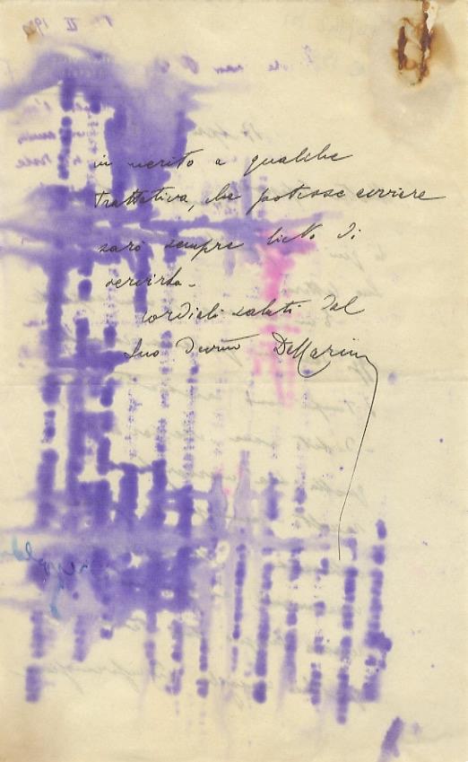 Lettera manoscritta autografa, firmata, stesa su due facciate, datata: "Villa Celle, Pistoia, 17 aprile 1932". Indirizzata all'antropologo fiorentino Nello Puccioni: "Illustre professore, tornato da Parigi ho qui con qualche ritardo la sua lettera. E - copertina