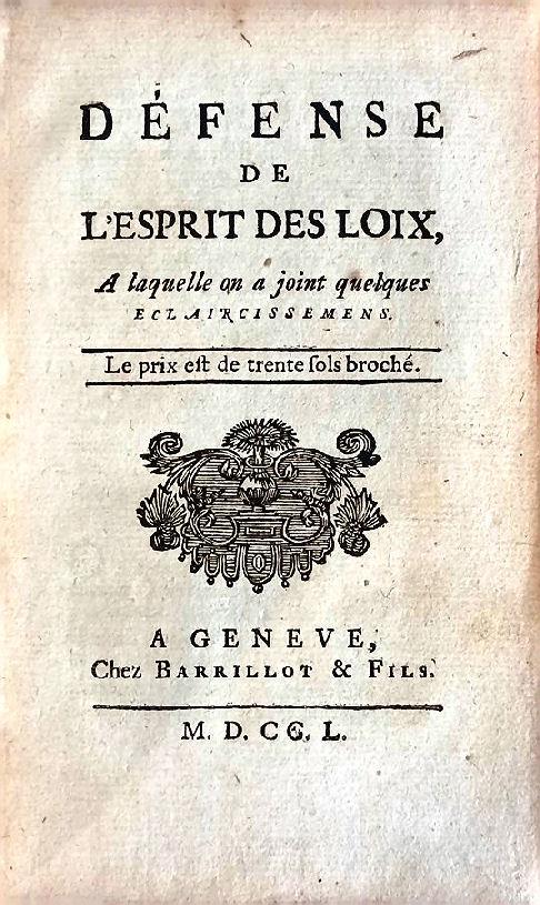 Défense de l'Esprit des loix. A laquelle on a joint quelques éclaircissemens - Charles L. de Montesquieu - copertina