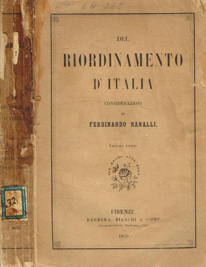 Del riordinamento d'Italia - Ferdinando Ranalli - copertina