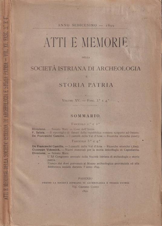 Atti e memorie della Società Istriana di Archeologica e Storia Patria, volume XV, fascicolo III e IV - copertina