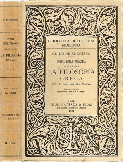 Storia della Filosofia - Parte prima: La Filosofia Greca - Guido De Ruggero - copertina