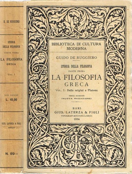 Storia della Filosofia - Parte prima: La Filosofia Greca - Guido De Ruggero - copertina