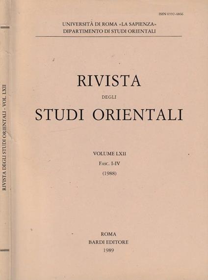 Rivista degli studi orientali anno 1988, vol LXII, fasc I-IV - copertina