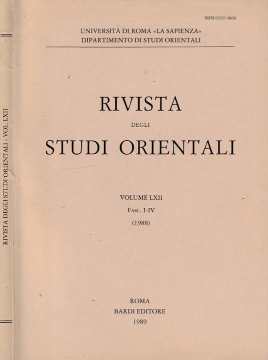 Rivista degli studi orientali anno 1988, vol LXII, fasc I-IV - copertina