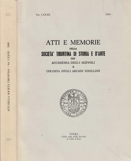 Atti e memorie della Società Tiburtina di Storia e d'Arte vol LXXXII 2009 - Vincenzo G. Pacifici - copertina