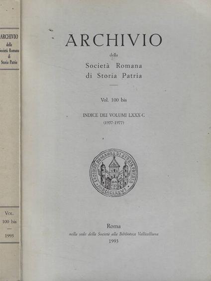 Archivio della Società Romana di Storia Patria Vol. 100 bis - copertina