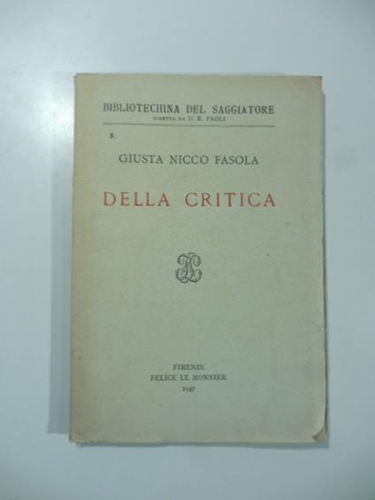 Della critica - Giusta Nicco Fasola - copertina