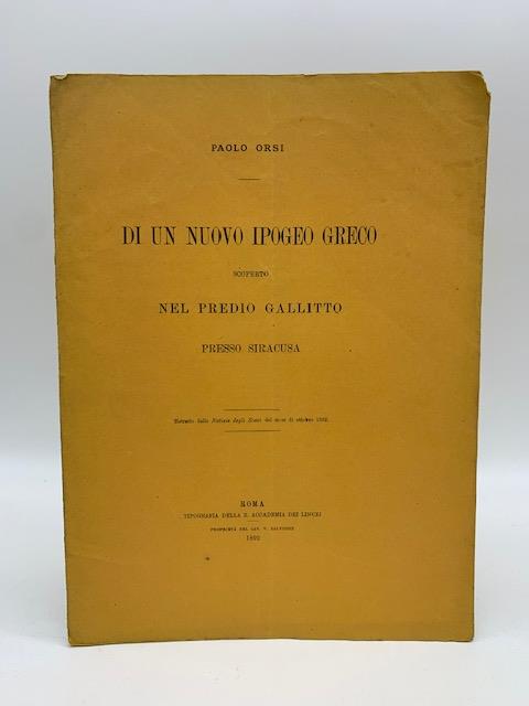 Di un nuovo ipogeo greco scoperto nel predio Gallitto presso Siracusa - Paolo Orsi - copertina