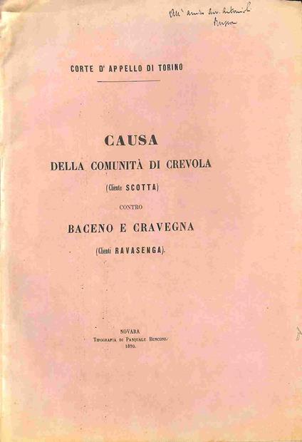 Corte d'appello di Torino. Causa della comunita' di Crevola (cliente Scotta) contro Bacena e Cravegna (clienti Ravasenga) - Antonio Rusconi - copertina