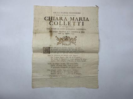 Per la solenne professione della Damigella Chiara Maria Colletti di Quazzuolo col nome di Suor Marianna Catterina nell'insigne Monistero di S. Chiara in Bra - copertina