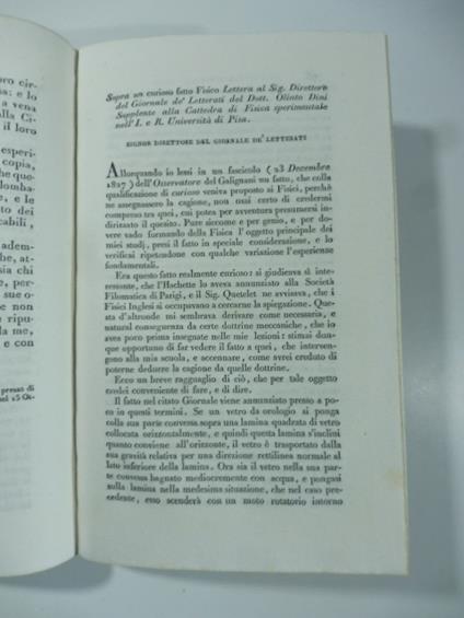 Sopra un curioso fatto fisico. Lettera ... del D. Olinto Dini. (Stralcio da: Nuovo giornale de' letterati. N. 37. 1828) - Olinto Dini - copertina